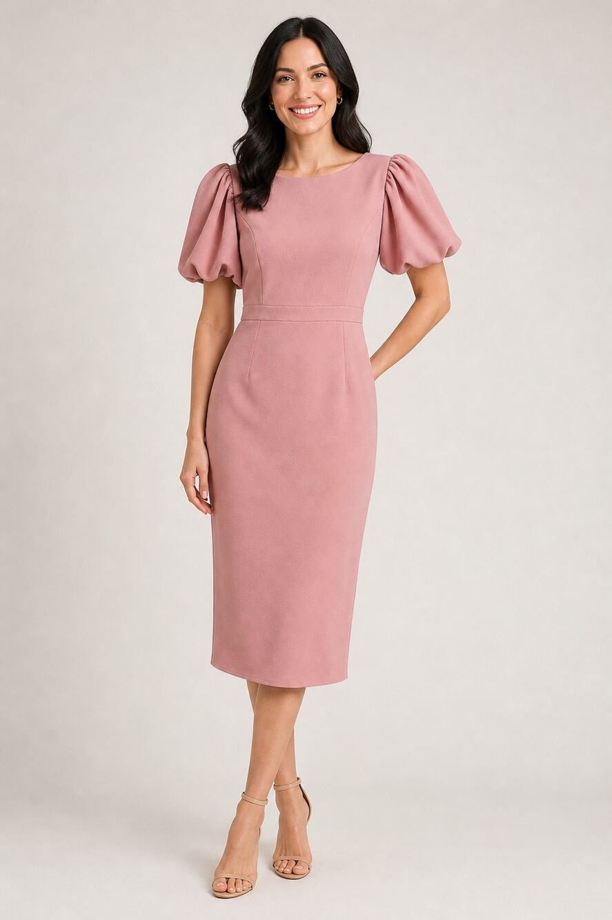 Ivy City Kaley Munday Crepe Puff Sleeve Sheath Dress Pink Womens Size Medium New
